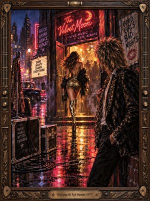 A rain-soaked neon club entrance glows with crimson, gold, and violet light as a glamorous woman strides toward the music while a shaggy-haired rocker watches from the shadows. Wet pavement, vintage gear, smoky haze, and ornate glam-rock framing create a seductive, rebellious late-1970s atmosphere with richly textured painterly detail.