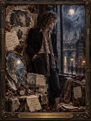A weary rocker stands beside a rain-streaked window overlooking a moonlit city, surrounded by torn photographs, faded roses, cracked mirrors, and weathered notes. Smoky blues, sepia browns, and warm amber lights deepen the melancholy. The layered mixed-media collage and ornate bronze frame evoke fractured memory, loneliness, and lingering dreams.