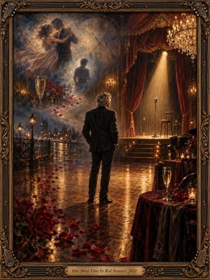 A silver-haired man stands before an empty theater stage, surrounded by glowing chandeliers, burgundy curtains, roses, champagne, and scattered petals. Ghostly dancers and a faded clock emerge through smoky blue and amber haze, creating a bittersweet mood of memory and longing. Rich oil-paint textures and ornate framing heighten the nostalgic atmosphere.