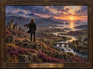 A windswept figure overlooks a sweeping Highland valley at sunset, where purple heather, rugged ruins, a stone bridge, winding water, and distant mountains glow beneath dramatic clouds. Rich oil-painted textures, deep blues, warm golds, and crimson accents create a nostalgic, uplifting mood within an ornate Celtic-inspired wooden frame.