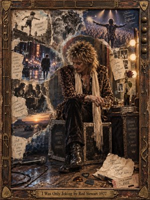 A weary rock singer sits backstage amid torn photographs, handwritten notes, ticket stubs, a microphone, and fading memories of romance, youth, travel, and performance. Warm sepia, smoky blue, and amber light create a bittersweet, reflective mood, while layered mixed-media textures and an ornate musical frame deepen the nostalgic atmosphere.