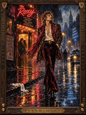 A defiant rock singer strides through a rain-soaked 1970s city street outside a glowing music club, framed by neon reflections, amber lamps, mist, and shadowy figures. Rich crimson, gold, and blue tones heighten the bittersweet mood, while painterly brushwork, flowing fabrics, wet pavement, and ornate framing create dramatic vintage atmosphere.
