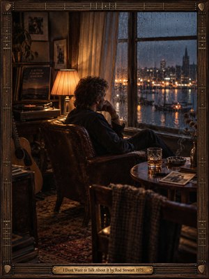 A solitary man sits in a worn leather chair beside a rain-streaked window, gazing toward blurred city lights. Warm amber lamplight contrasts with cool blue night tones, creating a quiet, melancholy mood. A guitar, turntable, whiskey glass, and smoky ashtray enrich the cinematic 1970s photographic atmosphere.