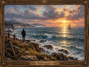 A lone figure stands on a rugged coast overlooking a turbulent blue-green sea, glowing beneath a dramatic golden sunset. A distant sailboat, lighthouse, seabirds, and harbor deepen the reflective mood. Rich oil-paint textures, luminous clouds, foaming waves, and an ornate weathered nautical frame create a nostalgic, hopeful atmosphere.