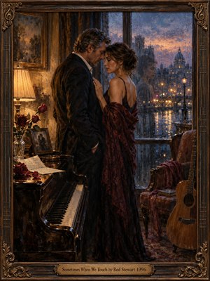 A tender couple stands close beside a rain-streaked window, surrounded by warm lamplight, a piano, roses, letters, and an acoustic guitar. Cool blue twilight and glowing city reflections contrast with rich burgundy and amber tones. The romantic oil-painting style creates a wistful, intimate mood framed by ornate carved wood.