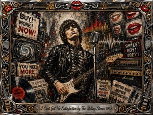 A defiant young guitarist stands amid a chaotic urban collage of advertisements, televisions, vinyl records, amplifiers, and glowing sound waves. Gritty oil and acrylic textures, charcoal shadows, chrome, gold, black, and vivid red create restless energy. An ornate musical frame with red lips surrounds the rebellious scene and engraved title plate.