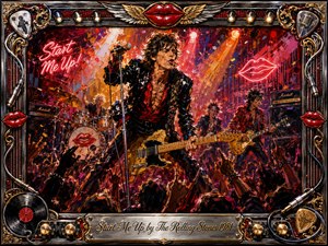 A fiery rock concert erupts around a charismatic singer-guitarist, backed by drums, amplifiers, neon lips, and a surging crowd. Vivid reds, oranges, pinks, gold, chrome, and black glow beneath dramatic stage lights. Thick expressive paint textures, ornate musical framing, vinyl details, and an engraved title plate create electrifying vintage swagger.
