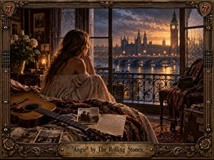 A solitary woman sits beside a rain-streaked window overlooking twilight London, surrounded by an acoustic guitar, faded photographs, roses, and a handwritten letter. Warm amber lamplight contrasts with the stormy blue-gray skyline, creating a wistful, intimate mood. Rich photographic realism, aged textures, ornate bronze framing, and glowing reflections deepen the nostalgic atmosphere.