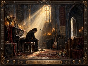 A solitary musician sits beside a worn piano inside a candlelit Gothic chapel, surrounded by guitars, amplifiers, flowers, and deep red fabrics. Golden sunlight pours through stained glass, cutting through smoky blue shadows with a spiritual glow. Richly textured painterly realism and an ornate instrument-inspired frame create a solemn, redemptive atmosphere.