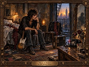 A weary rocker sits beside a battered electric guitar in a weathered city apartment at dawn, surrounded by rumpled sheets, luggage, roses, and a glowing telephone. Warm amber lamplight contrasts with cool blue skyline shadows, creating a reflective, restless mood. Richly textured painterly detail and an ornate guitar-inspired frame complete the scene.