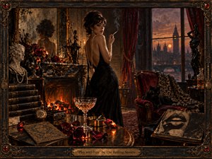 A poised woman in a black evening gown stands beside a glowing fireplace in a decadent London interior, surrounded by roses, crystal, velvet, books, and a watchful black cat. Warm amber firelight contrasts with deep reds and smoky shadows, creating a seductive, dangerous mood in a richly detailed, vintage noir-inspired painting.