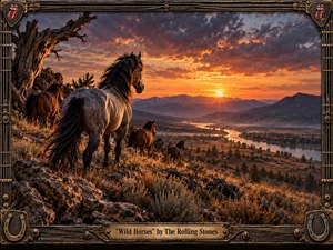 Wild horses stand on a rugged hillside above a winding river valley at sunset, surrounded by dry grasses, rocky terrain, and a weathered tree. Fiery orange and purple clouds illuminate distant mountains with dramatic golden light. The richly detailed painterly realism is framed by aged wood, metal, guitar strings, horseshoes, and an engraved brass title plate.