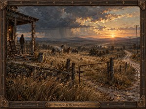 A solitary figure watches three horses across a windswept rural valley at sunset, framed by a weathered farmhouse, open gate, winding road, and receding telephone poles. Golden amber light breaks through storm-gray clouds, illuminating dry grasses and distant hills. Rich oil-paint textures, aged wood, bronze details, and a rustic engraved frame deepen the nostalgic, melancholy mood.