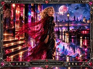 A glamorous woman in a black coat and flowing crimson scarf stands beside a rain-slick neon waterfront, surrounded by glowing city lights, reflective streets, crystal fragments, and a luminous moon. Romantic, dreamlike energy fills the cinematic digital scene, framed by ornate metallic guitar details and jewel-like accents.