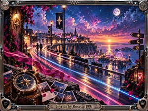 A neon-lit coastal road sweeps toward a glowing seaside city beneath a dramatic violet and blue twilight sky. Pink and electric blue light trails create energetic motion, while a moon, ferris wheel, compass, flowers, and distant silhouettes add romance and adventure. An ornate metallic music-inspired frame completes the vibrant cinematic scene.