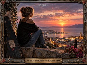 A contemplative blonde woman sits on a stone overlook above a glowing coastal city and harbor at sunset. Warm orange, rose, and violet light reflects across calm water, creating a nostalgic romantic mood. A weathered guitar case, flowering vines, and ornate music-inspired metal frame add intimate detail and vintage cinematic character.