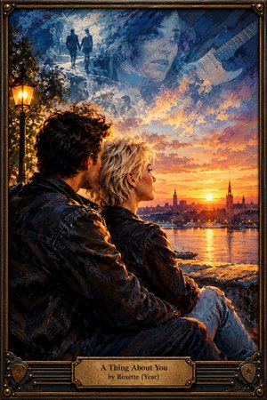 A romantic couple sits closely above a glowing waterfront city at sunset, surrounded by warm amber light and deep blue shadows. Painterly textures blend distant memories, silhouetted figures, and a ghostly guitar into the sky, while an ornate bronze and black frame reinforces the nostalgic, intimate mood.