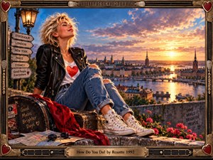 A smiling blond woman in a leather jacket relaxes beside a worn guitar case above a glowing waterfront city at sunset. Warm gold, blue, and red tones create an upbeat, nostalgic mood, while travel signs, flowers, maps, and musical frame details suggest freedom, optimism, adventure, and early-1990s pop energy.