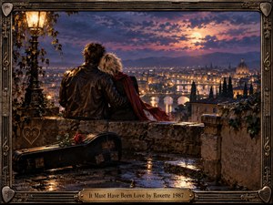 A couple sits closely beneath a glowing streetlamp, overlooking a rain-washed European city under a luminous dusk sky. Warm gold reflections contrast with deep blues and purples, creating a bittersweet romantic mood. A rose-topped guitar case, carved heart, ornate bronze frame, and engraved plaque reinforce memory and lost love.