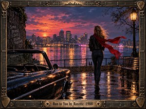 A windswept woman in black stands beside a rain-speckled convertible overlooking a glowing waterfront city at sunset. Crimson clouds, reflections, streetlamps, and a vivid red scarf create romantic tension and restless motion. The cinematic photographic style blends nostalgic rock imagery with ornate bronze guitar-themed framing and urban atmosphere.