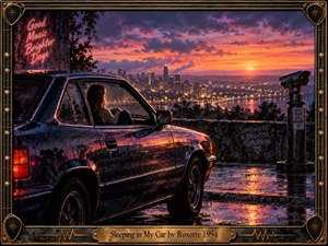 A rain-slicked overlook frames a dark vintage car above a glowing city at sunset, where a solitary woman rests inside amid reflective windows and neon messages. Purple, orange, and pink skies contrast with deep blues and bronze details, creating a cinematic, nostalgic mood within an ornate music-inspired frame.