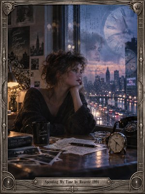 A solitary woman sits beside a rain-streaked city window, lost in reflection as blurred lights and looming clock faces suggest passing hours and emotional distance. Cool blue twilight contrasts with warm lamplight across photographs, letters, a telephone, and clock, framed in ornate metallic detail with a cinematic, melancholic photographic style.