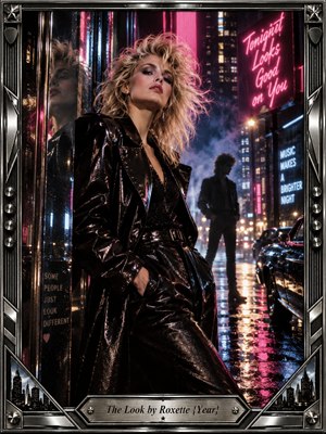 A glamorous blonde figure in glossy black leather dominates a rain-slick neon city street, posing with cool confidence beside mirrored glass. Pink, blue, and amber lights ripple across wet pavement while a shadowed man recedes behind. Cinematic late-1980s photography, smoky atmosphere, chrome framing, and engraved hardware create a stylish, electric, mysterious mood.