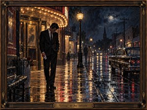 A solitary man in a dark suit stands beneath glowing theater lights on a rain-soaked 1960s city street, overwhelmed by quiet heartbreak. Deep blues and blacks contrast with warm amber reflections, streetlamps, and neon. Expressive oil textures, vintage cars, distant figures, and an ornate musical frame create a cinematic, melancholic atmosphere.