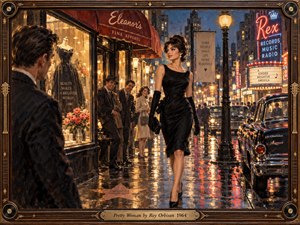 A glamorous woman in a fitted black dress walks through a rain-soaked 1960s city street, drawing admiring glances beneath glowing storefronts and neon signs. Warm gold, deep blue, and crimson reflections shimmer across wet pavement. Painterly textures, vintage cars, elegant lighting, and an ornate musical frame create romantic, cinematic sophistication.