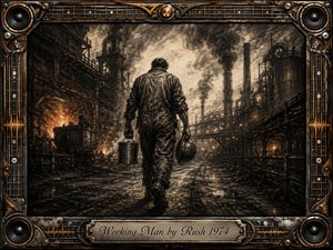 A weary industrial worker walks through a sprawling steel mill, carrying a lunch pail and hard hat beneath smoke-filled skies. Deep charcoal textures, rusted browns, ember-orange furnace light, and metallic shadows create a gritty, somber mood. An ornate music-inspired metal frame surrounds the dramatic, cinematic composition.