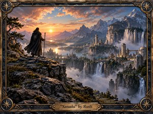 A solitary cloaked traveler overlooks a majestic mountain realm of waterfalls, mist, winding rivers, and luminous stone towers beneath a glowing sunset. Warm gold contrasts with cool blue-gray peaks, creating a mysterious, timeless mood. Detailed fantasy realism, rugged textures, atmospheric depth, and an ornate metallic frame evoke epic progressive-rock grandeur.