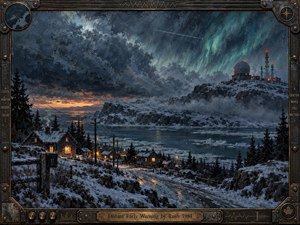 A frozen northern settlement rests beneath turbulent blue gray clouds and green aurora light, while a remote radar station glows with red warning beacons across the icy water. Warm windows contrast with the severe landscape. Thick painted texture, dark metal framing, and a brass title plate create tense vigilance and isolation.