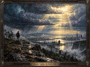 A solitary figure overlooks a rain-darkened river city beneath towering storm clouds pierced by radiant golden shafts of sunlight. Rocky cliffs, mist, bridges, distant towers, and reflective water create dramatic depth. Thick textured brushwork, cool blue-gray shadows, warm highlights, and an industrial wood-and-metal frame give the scene solemn grandeur.