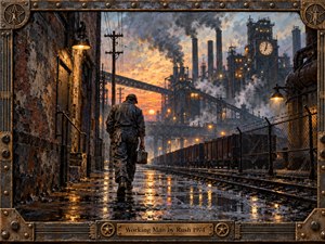 A solitary factory worker walks through a rain-slicked industrial corridor at dawn, surrounded by towering smokestacks, rail cars, brick walls, pipes, and glowing lamps. Warm orange light cuts through steel-gray smoke and wet pavement, creating a weary, determined mood. Detailed painterly textures and a rugged metal frame reinforce the hard-working atmosphere.