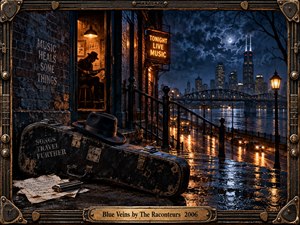 A rain-soaked city glows beneath a turbulent blue night sky as a lone guitarist plays inside a warmly lit doorway. Amber reflections shimmer across wet streets and river water, contrasting with deep navy shadows. A weathered guitar case, fedora, bridge, skyline, and ornate instrument-inspired frame reinforce the melancholic blues-rock atmosphere.