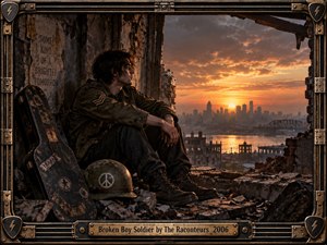 A weary young soldier sits among shattered industrial ruins beside a battered guitar case and peace-marked helmet, gazing toward a distant city at sunset. Warm orange light cuts through smoky clouds, contrasting with dark rubble and weathered textures. A rugged metal-and-wood frame and brass title plate complete the cinematic, melancholic composition.