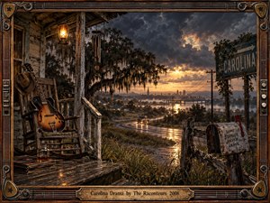 A weathered Southern porch overlooks a rain-slick road winding toward a misty town beneath turbulent storm clouds and golden sunset light. A vintage guitar, lantern, rocking chair, mossy trees, mailbox, and Carolina sign create a brooding cinematic atmosphere, framed by intricate guitar strings, hardware, and aged metalwork.