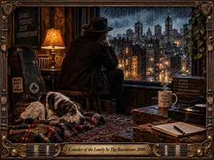 A solitary man and resting dog occupy a warmly lit room overlooking a rain-soaked nighttime city. Amber lamplight contrasts with cool blue streets beyond the window. Weathered wood, guitar cases, records, handwritten pages, and ornate musical framing create a richly detailed, nostalgic atmosphere of isolation, reflection, and quiet companionship.