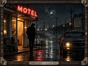 A solitary man stands outside a rain-soaked roadside motel, framed by glowing neon, warm doorway light, and a dark vintage car. Wet pavement reflects crimson and amber tones beneath a cloudy moonlit sky. The cinematic analog-photography style, industrial background, mist, guitar-inspired frame, and weathered details create tense nocturnal mystery.