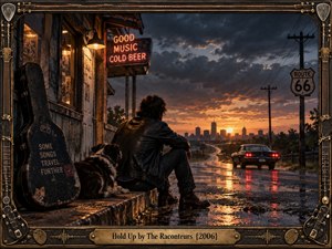A lone traveler and dog rest beside a weathered roadside bar as a classic car follows a rain-slick highway toward a glowing city sunset. Dark storm clouds, amber reflections, neon light, and rugged textures create a brooding cinematic mood. An ornate guitar-inspired frame and brass title plate complete the vintage composition.