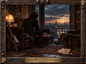 A solitary musician sits in a weathered room overlooking a rain-soaked city at sunset, surrounded by guitars, records, trunks, and faded photographs. Warm amber lamplight contrasts with cool stormy blues outside, creating a reflective, melancholic mood. Detailed cinematic realism and an ornate musical frame evoke memory, absence, and lingering solitude.