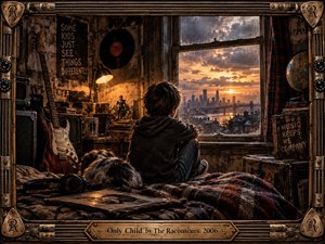 A solitary child sits beside a shaggy dog in a cluttered attic bedroom, gazing through a rain-streaked window toward a glowing city sunset. Warm amber light contrasts with weathered browns and stormy grays. Guitars, records, books, and keepsakes create nostalgic isolation, enclosed by an ornate, industrial musical frame.