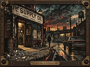 A lone figure walks through a rain-darkened industrial street at dusk, framed by a weathered supply shop, vintage car, power lines, and distant factories. Distressed black, rust, cream, gold, and teal create a gritty linocut atmosphere, while glowing lamps, wet reflections, scattered fragments, and a brass guitar-themed frame heighten the restless mood.
