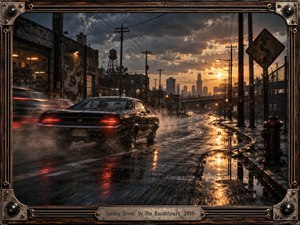 A dark muscle car speeds along a rain-slick industrial street at sunset, trailing mist and red taillight blur. Curving pavement, power lines, warehouses, and distant towers create restless momentum beneath stormy blue-gray clouds and warm amber light. Cinematic analog photography, reflective puddles, and a weathered guitar-inspired frame add gritty rock-and-roll character.