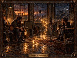Two musicians sit apart in a worn loft rehearsal room, surrounded by guitars, amplifiers, cables, and battered cases. A glowing S-shaped trail of light connects them across the reflective wooden floor. Warm amber sunset fades into deep blue night outside, creating a tense, intimate, cinematic atmosphere framed with aged wood and metal.