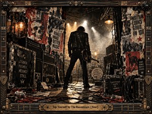 A lone guitarist stands backstage before a blazing stage, surrounded by battered amplifiers, road cases, torn posters, cables, and industrial clutter. Warm amber spotlights cut through smoky air, while black, rust, cream, and red tones create a gritty, competitive mood. The cinematic, distressed rock aesthetic is enclosed by an ornate instrument-inspired frame.