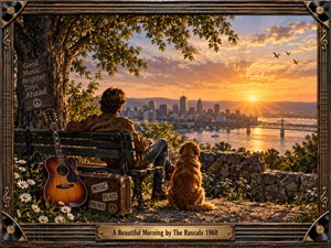 A seated musician and his dog overlook a glowing riverside city at sunrise, surrounded by daisies, a guitar, and a travel case. Warm amber light fills the landscape, bridge, and skyline, creating an optimistic nostalgic mood. Detailed realism, musical frame elements, and 1960s symbols reinforce the hopeful atmosphere.