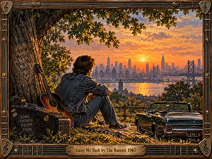 A reflective young musician rests beside a tree overlooking a glowing riverside city at sunset, with a vintage convertible and acoustic guitar nearby. Warm orange light, deep shadows, weathered textures, and a richly detailed painted style create a nostalgic, hopeful mood, framed by ornate musical wood and metalwork.