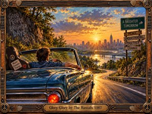 A teal 1960s convertible winds toward a glowing city skyline at sunset, carrying a relaxed driver and guitar case. Warm gold, blue, and green tones create an uplifting, nostalgic mood. Roadside signs promote peace, understanding, change, and brighter days, while the ornate guitar-themed frame reinforces the era.