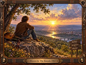 A solitary young man rests beside an acoustic guitar on a flowered overlook, watching a radiant sunrise spill across a winding river and distant city. Warm gold, amber, and blue tones create a hopeful, reflective mood, while richly textured painterly detail and the ornate musical frame evoke late 1960s optimism.